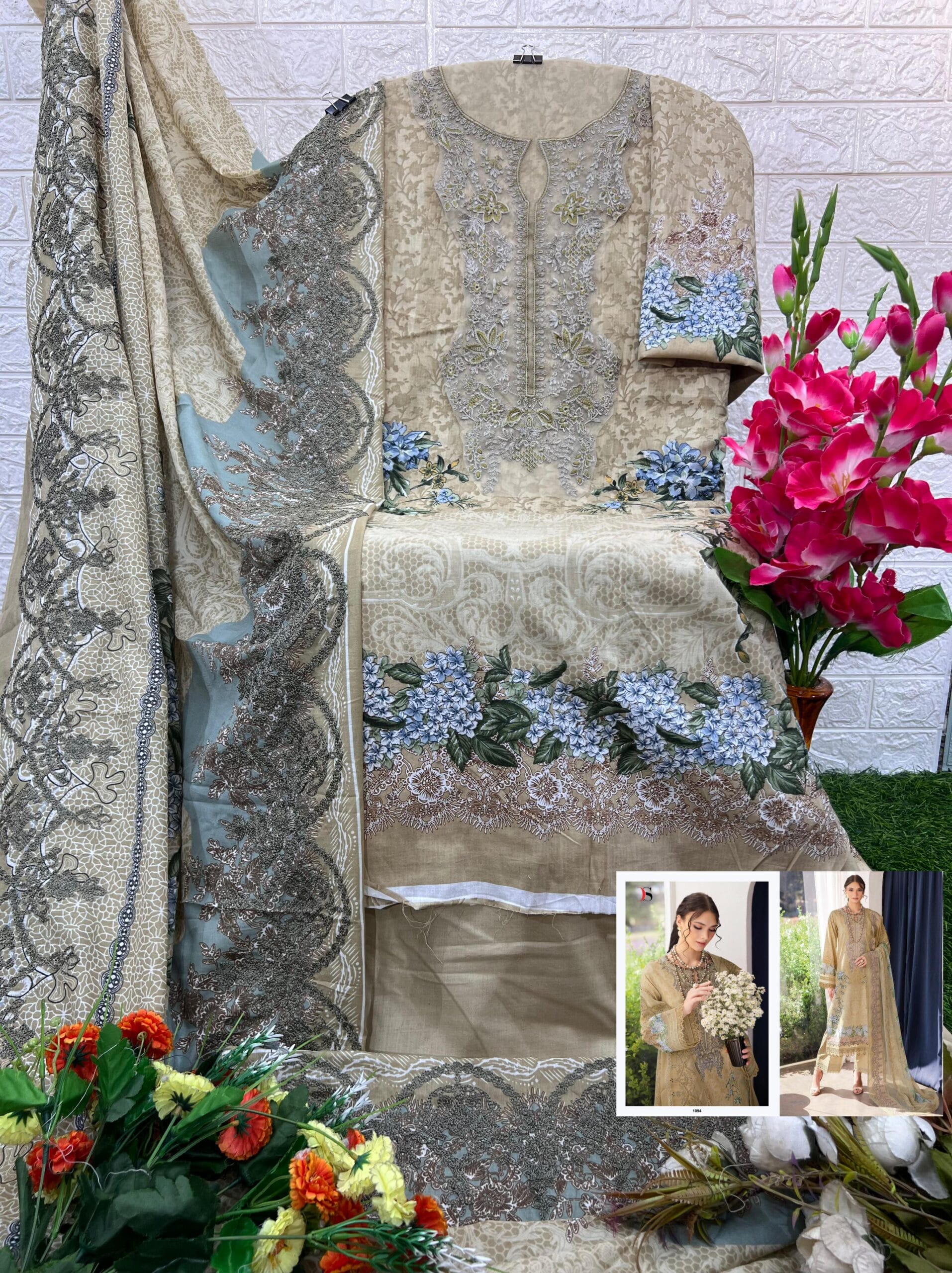 Pure cotton Dress with heavy  patch embroidery - Unstiched (Cream)