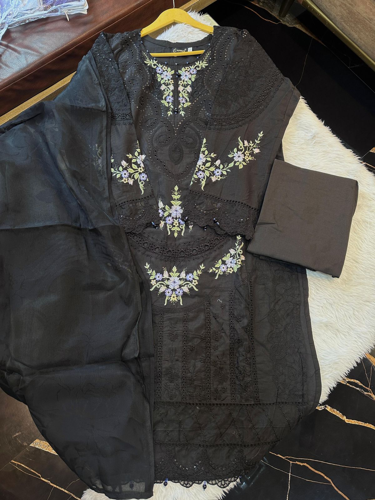 Pure Lawn Cotton with Heavy Cut Work Embroidery (Black) - Image 2